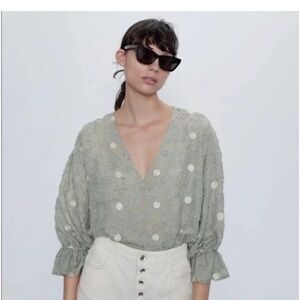 Zara Textured Green Dot Blouse. NWT